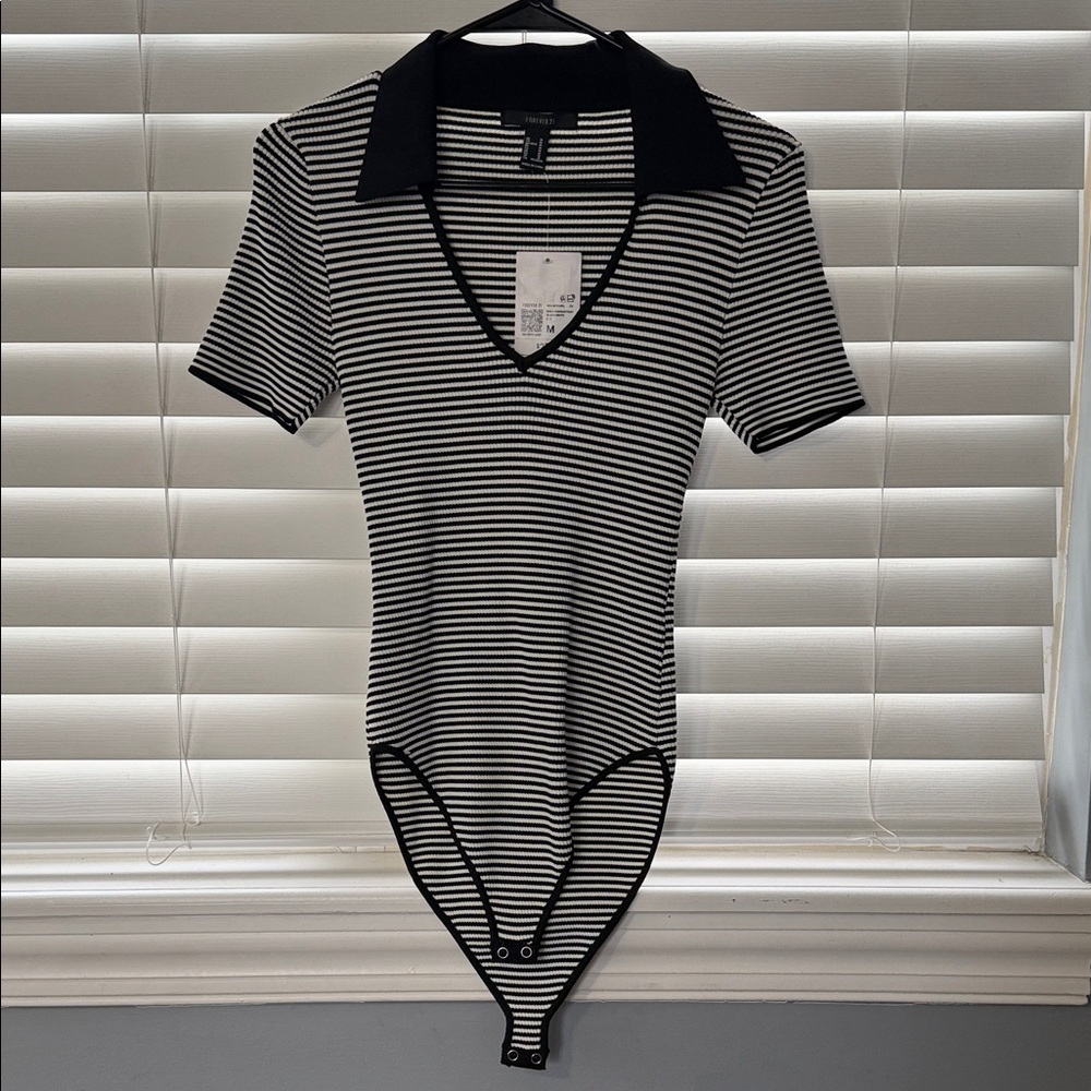 Forever 21 Black & White Striped Polo V‑Neck Bodysuit